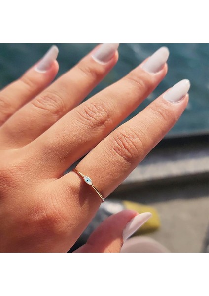 Mineli Altın Yüzük - 14 Ayar Altın Beyaz Mineli Minimal Göz Yüzük - Nazar Boncuğu Altın Yüzük modelleri