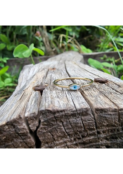 Mineli Altın Yüzük - 14 Ayar Altın Beyaz Mineli Minimal Göz Yüzük - Nazar Boncuğu Altın Yüzük fırsatları