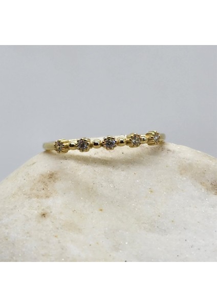 Yarım Tur Altın Yüzük - 14 Ayar Altın 0.45 Karat Beş Taş Zirkon Taşlı Minimal Yüzük - Altın Yüzük indirimleri