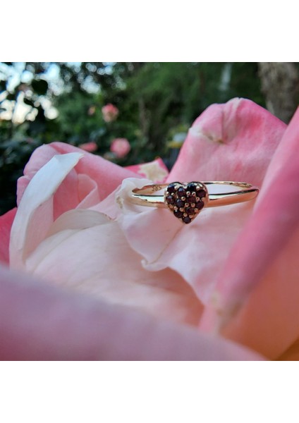 Gümüş Yüzük - Love Kalp Şampanya Renkli Minimal Gümüş Yüzük-Hediye Düz Kol Minik Taşlı Gümüş Yüzük