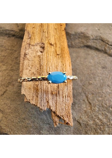 Gümüş Yüzük - 0.35 Karat Firuze Taşlı Eskitme Minimal Tasarım 925 Ayar Gümüş Yüzük - Hediyelik Yüzük indirimleri