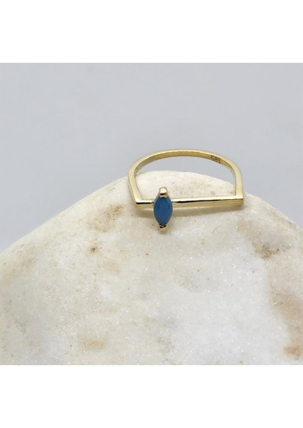 Gümüş Yüzük - 0.40 CT Mekik Firuze Taşlı Kare Kol Tasarım Gümüş Hediyelik Kadın Tektaş Gümüş Yüzük