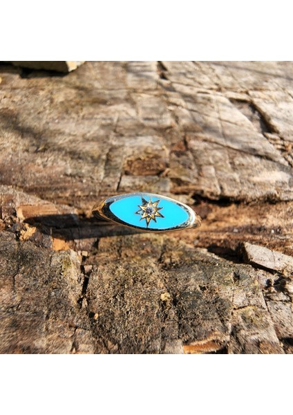 Gümüş Yüzük - Turkuaz Mineli Kutup Yıldızlı Oval Mühür Minimal Tasarım Modern 925 Ayar Gümüş Yüzük fırsatları