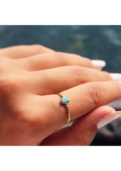 Gümüş Yüzük - 0.50CT Firuze Taşlı Dövülü Eskitme Tektaş Gümüş Yüzük - Hediye Gümüş Eskitme Yüzük