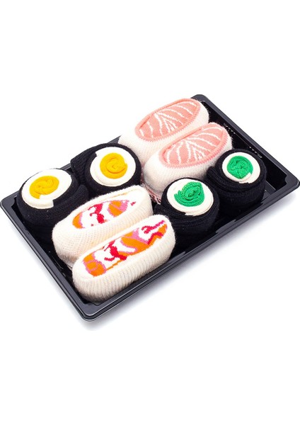 Sushi Nigiri Somon, Karides - Maki Oshinko, Salatalık Desenli Renkli Çorap 4 Çift