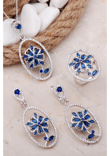 Safir Taşlı Çiçek Tasarım Rodyumlu Gümüş Set 30