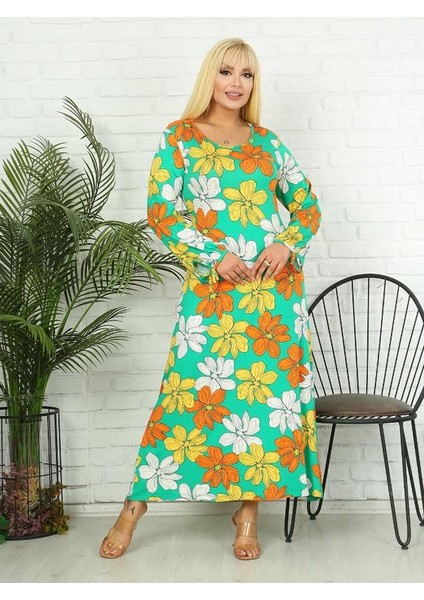 Kadın Büyük Beden Yeşil Turuncu Sarı Çiçek Bağlamalı Balon Kol Esnek Viskon Elbise fiyatları