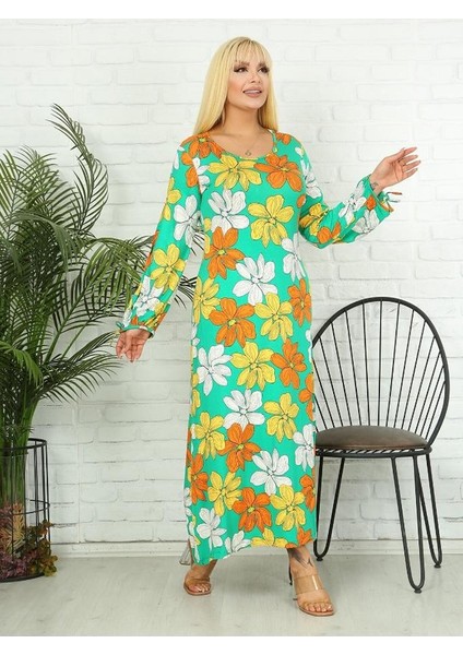 Kadın Büyük Beden Yeşil Turuncu Sarı Çiçek Bağlamalı Balon Kol Esnek Viskon Elbise modelleri
