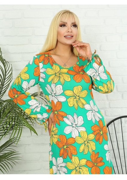 Kadın Büyük Beden Yeşil Turuncu Sarı Çiçek Bağlamalı Balon Kol Esnek Viskon Elbise fırsatları