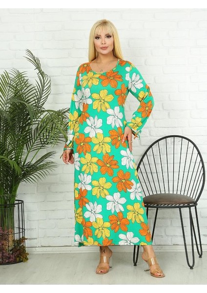 Kadın Büyük Beden Yeşil Turuncu Sarı Çiçek Bağlamalı Balon Kol Esnek Viskon Elbise indirimleri