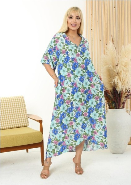 Kadın Büyük Beden Mavi Turkuaz Çiçek Cepli V Yaka Salaş Dokuma Elbise fiyatları