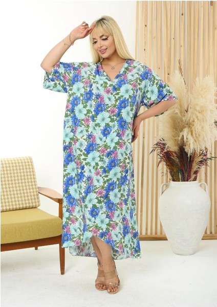 Kadın Büyük Beden Mavi Turkuaz Çiçek Cepli V Yaka Salaş Dokuma Elbise modelleri