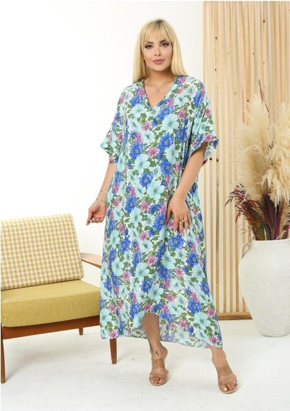 Kadın Büyük Beden Mavi Turkuaz Çiçek Cepli V Yaka Salaş Dokuma Elbise indirimleri