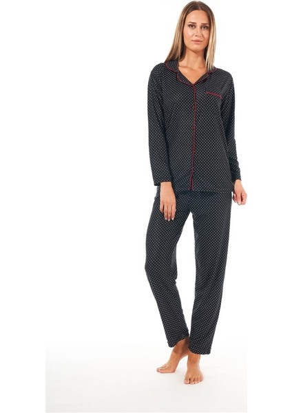 Puantiye Desen Boydan Düğmeli Süet Bayan Pijama Takım
