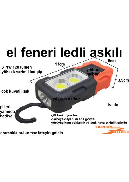 El Feneri Ledli Çift Işık Pilli Askılı Gece Kamp Feneri