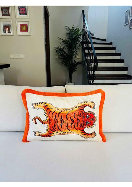 Dekoratif Chinoiserie Kaplan Desenli Kırlent Kılıfı - Heritage Serisi 40 x 60