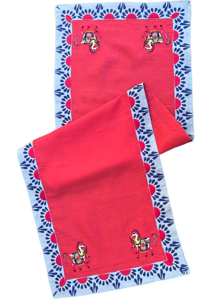 Pembe At Desenli Keten Dekoratif Runner ( 1 Adet )