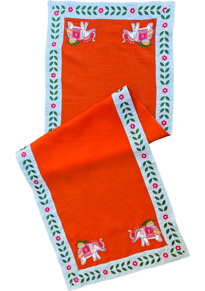 Fil Desenli Keten Dekoratif Runner ( 1 Adet )