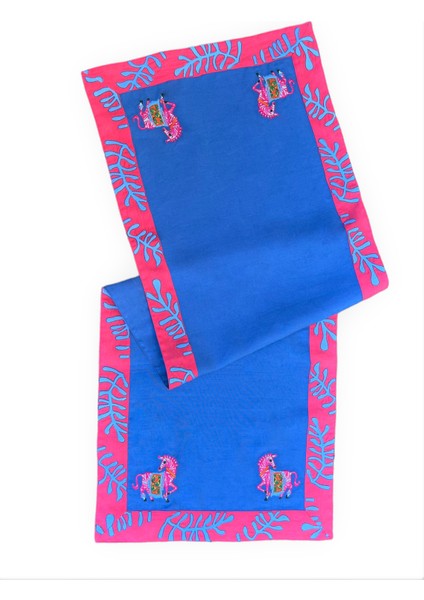 Pembe Zebra Desenli Lacivert Keten Dekoratif Runner ( 1 Adet )