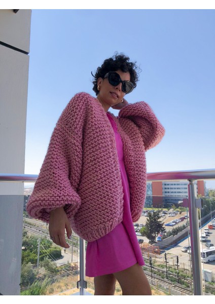 Organıcmıra Pembe Oversize Kadın Salaş Mont Ceket Hırka Chunky Cardigan