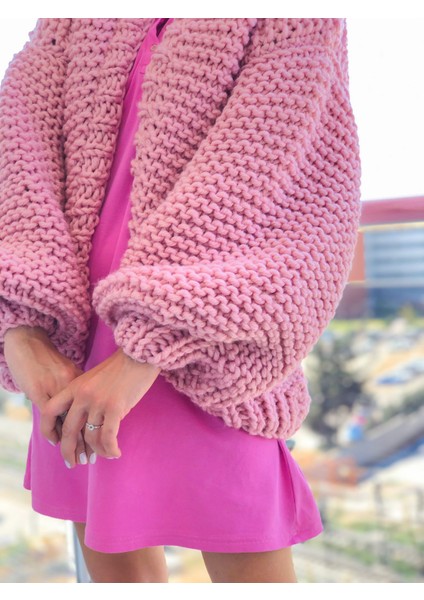 Organıcmıra Pembe Oversize Kadın Salaş Mont Ceket Hırka Chunky Cardigan