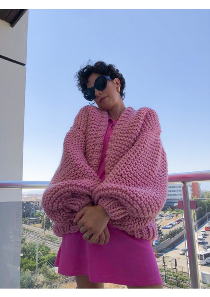 Organıcmıra Pembe Oversize Kadın Salaş Mont Ceket Hırka Chunky Cardigan