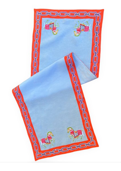 Beyaz At Desenli Keten Dekoratif Runner ( 1 Adet )