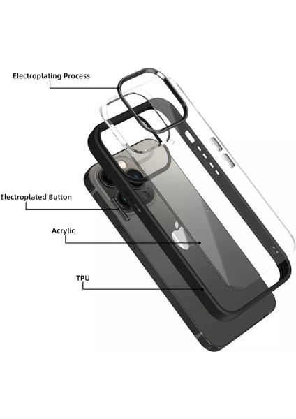 Iphone 14 (6.1) Kılıf Metal Düğme ve Kamera Çerçeveli Kenarları Silikon Arkası Sert Titanium Case