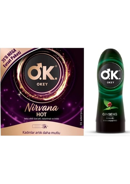 Nirvana 35'li Isıtıcı Etkili Özel Jelli Kabartmalı ve Tırtıklı Prezervatif + Okey Masaj Jeli ve Ginseng 200 ml