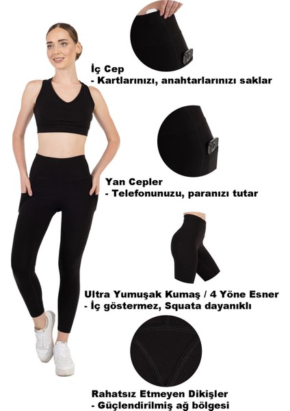 Ultra Yumuşak Yüksek Bel 3 Cepli Toparlayıcı Push Up Iç Göstermez Egzersiz Yoga Kadın Taytı