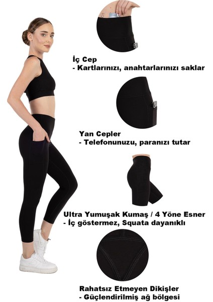 Ultra Yumuşak 7/8 Boy Yüksek Bel 3 Cepli Toparlayıcı Push Up Iç Göstermez Yoga Kadın Taytı