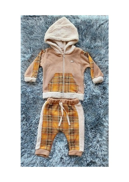 Ekose Desenli Unisex 2'li Welsoft Alt Üst Takım Kahverengi