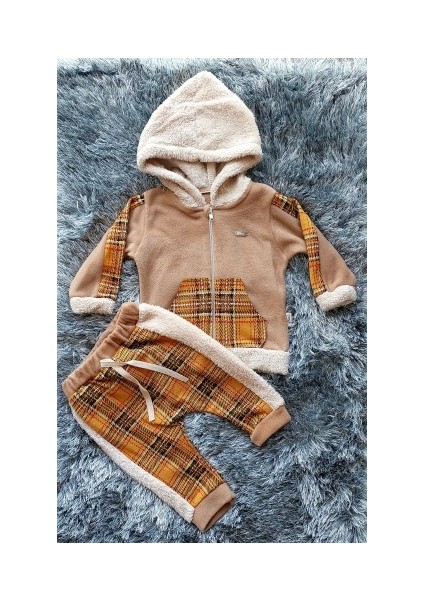 Ekose Desenli Unisex 2'li Welsoft Alt Üst Takım Kahverengi