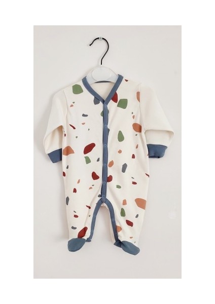 Bebek Patikli Çıtçıtlı Tulum Unisex Ekru Mavi Uzun Kollu