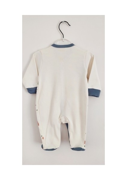 Bebek Patikli Çıtçıtlı Tulum Unisex Ekru Mavi Uzun Kollu