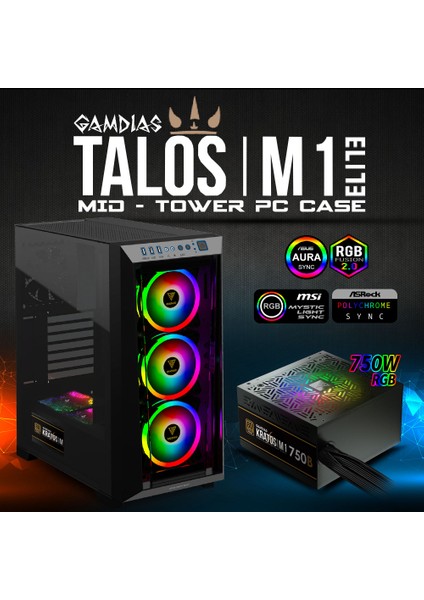 Gamdıas Talos M1 Elite, Tempered Glass, Argb, 750W 80+ Bronze, Gamıng Kasa