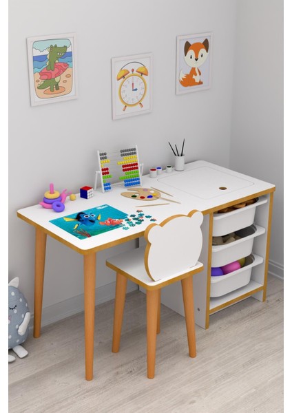 Soho Çocuk Çalışma Masası Oyun ve Etkinlik Masası Beyaz Sepetli