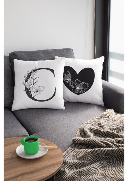 43 x 43 cm Tay Tüyü Döşemelik Premium Kumaş Dekoratif Çift Taraflı C Harfli Kırlent Kılıfı KRL502
