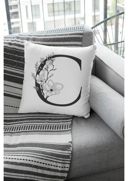 43 x 43 cm Tay Tüyü Döşemelik Premium Kumaş Dekoratif Çift Taraflı C Harfli Kırlent Kılıfı KRL502