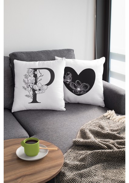 43 x 43 cm Premium Kumaş Tay Tüyü Döşemelik Dekoratif Çift Taraflı P Harfli Kırlent Kılıfı KRL518