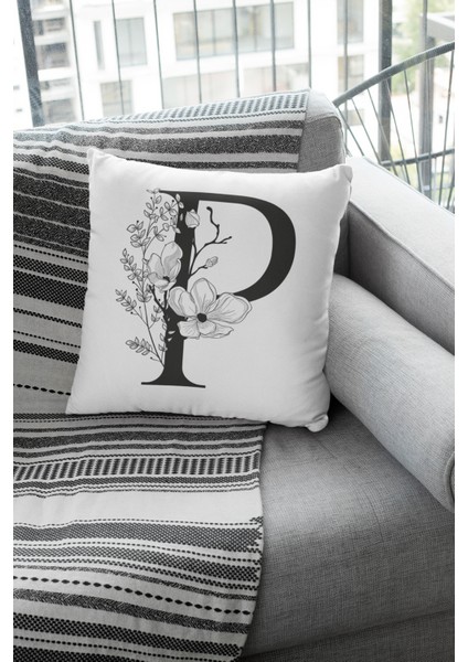 43 x 43 cm Premium Kumaş Tay Tüyü Döşemelik Dekoratif Çift Taraflı P Harfli Kırlent Kılıfı KRL518