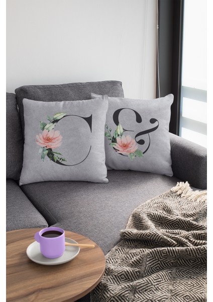 43 x 43 cm Gri Tay Tüyü Döşemelik Premium Kumaş Dekoratif Çift Taraflı C Harfli Kırlent Kılıfı KRL564 fiyatları
