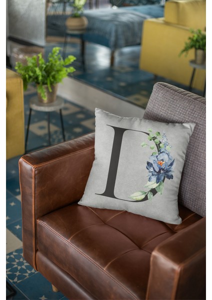 43 x 43 cm Gri Dekoratif Çift Taraflı Tay Tüyü Döşemelik Premium Kumaş D Harfli Yastık Kılıfı KRL566
