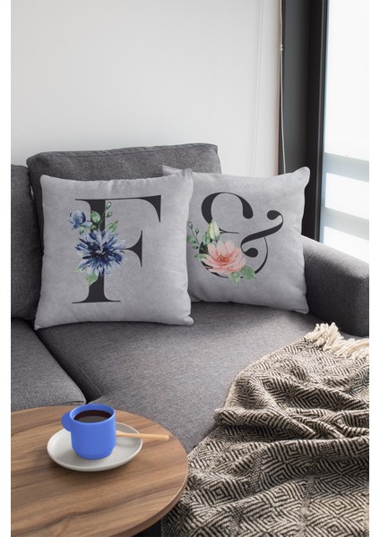 43 x 43 cm Gri Premium Kumaş Tay Tüyü Döşemelik Dekoratif Çift Taraflı F Harfli Kırlent Kılıfı KRL568 fiyatları