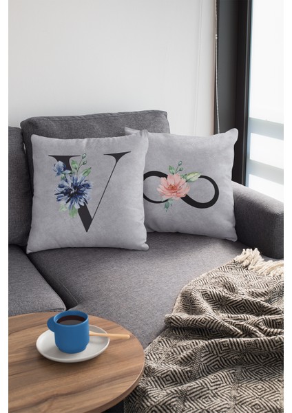 43 x 43 cm Gri Tay Tüyü Döşemelik Premium Kumaş Dekoratif Çift Taraflı V Harfli Yastık Kılıfı KRL587 fiyatları
