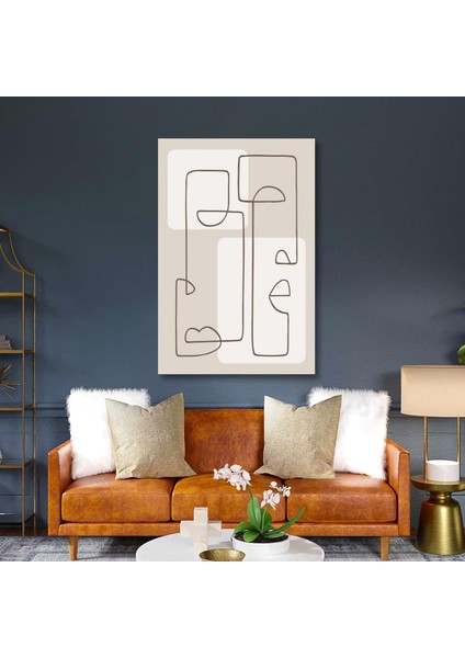 Kahverengi ve Bej Fonlu Çizgi Minimal Iki Insan Yüzü Heykel Minimal Boho Kanvas Tablo