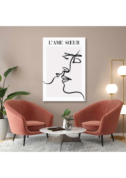 Çizgisel Minimal Ilüstrasyon Öpüşen Çift Boho Stil Kanvas Tablo