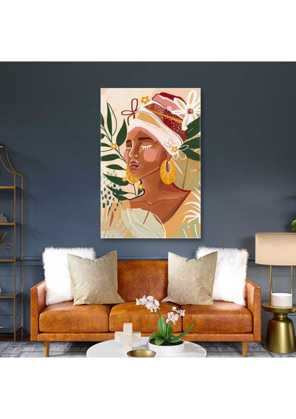 Büyük Altın Küpeli Çizgisel Boho Afrikan Kadın Çiçekli Naturel Fon Kanvas Tablo