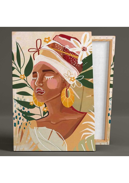 Büyük Altın Küpeli Çizgisel Boho Afrikan Kadın Çiçekli Naturel Fon Kanvas Tablo