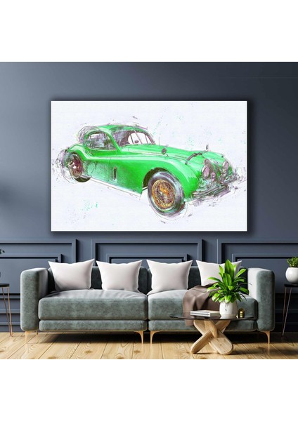Yeşil Eski Model Coupe Koleksiyon Araba Çizimi Kanvas Tablo